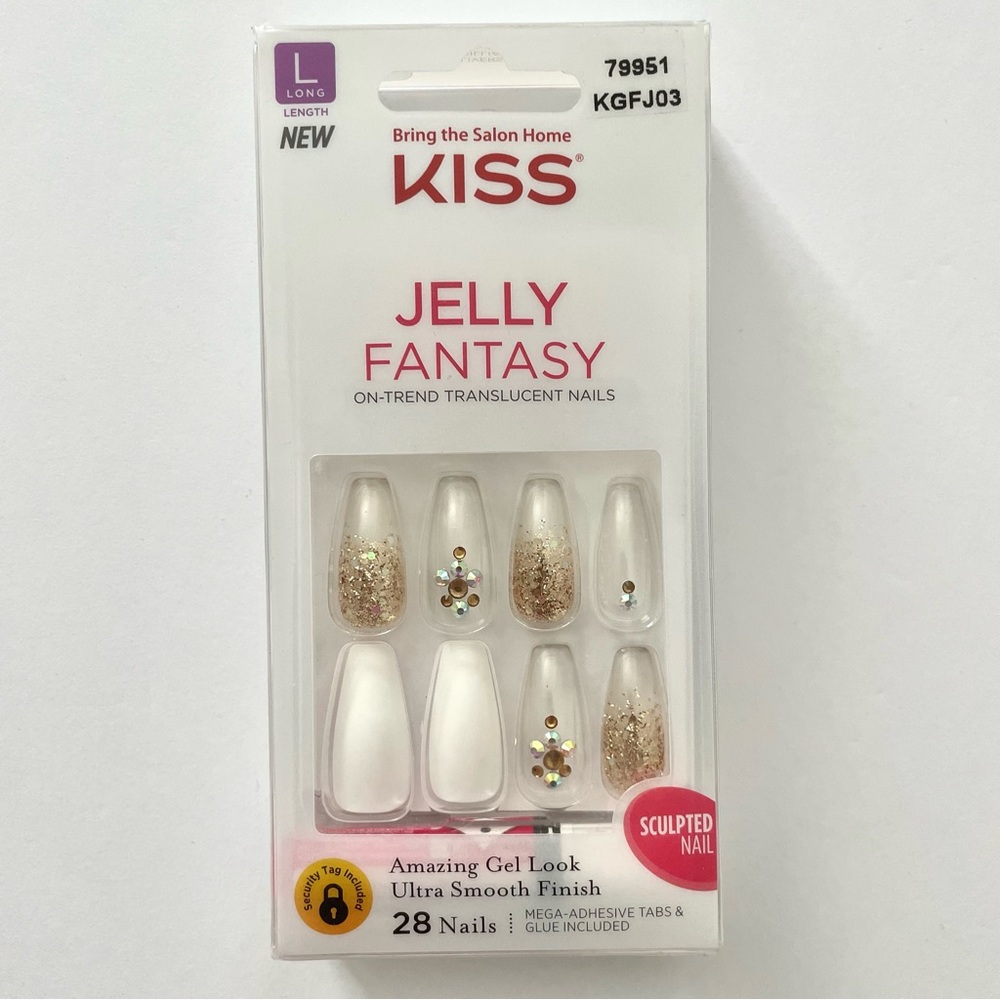 NEW KISS Jelly Fantasy Nails – Long Length, Sculpted, Gold Glitter & Rhinestones